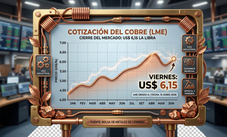 Cobre cerró la presente semana con descenso en US$ 6,15 la libra